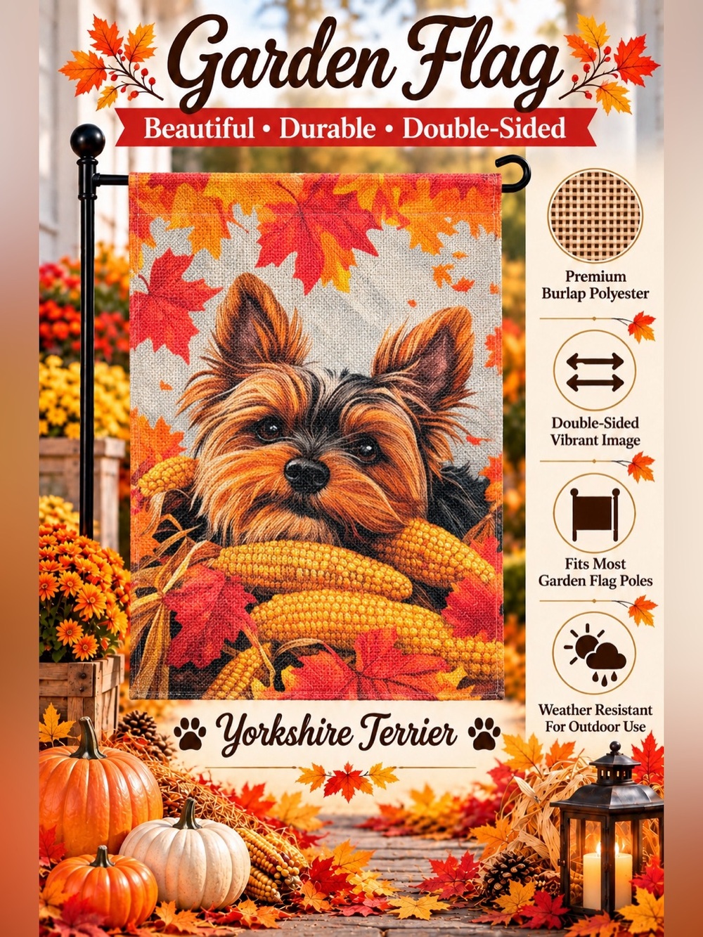 Garden Flag, Autumn Yorkshire Terrier, burlap polyester, double-sided, 12”x18”